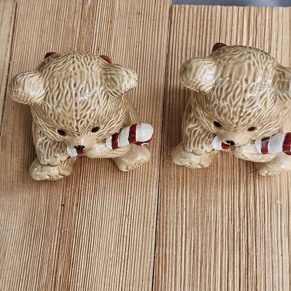Vintage Ceramic Bear Figurine Set Of Two Holding Candy Canes 3"x 2.5" Minis - Picture 2 of 8